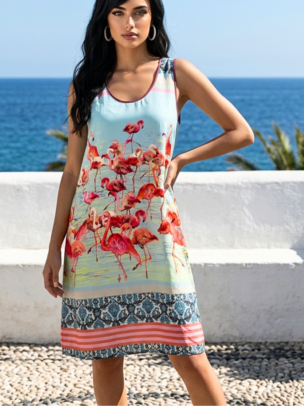 ANTHROPOLOGIE DREAM DAILY SHIFT DRESS Coastal Vacation Flamingo Blue Pink SZ L